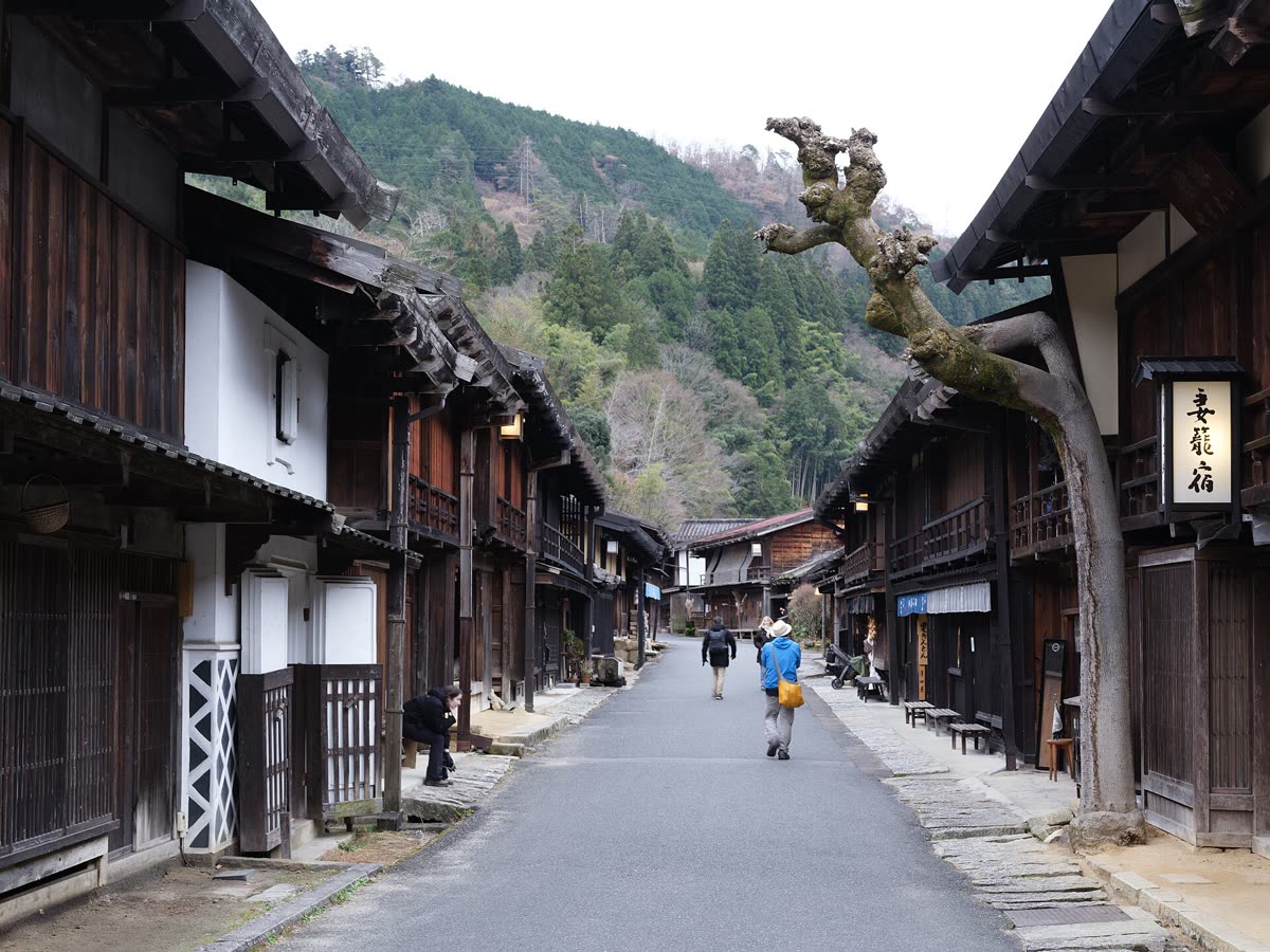 Tsumago post town main street with wooden buildings
